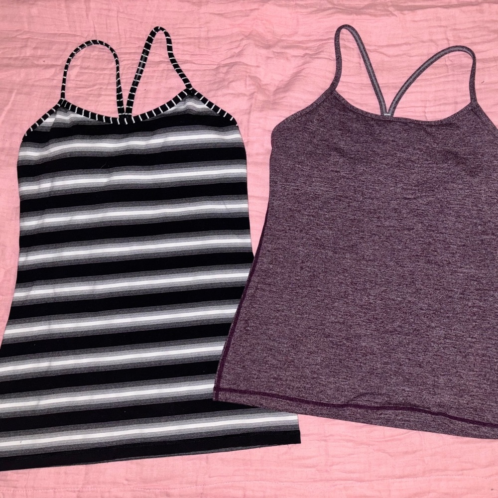 lululemon athletica Black and White Striped & Heathered Purple Tank Tops